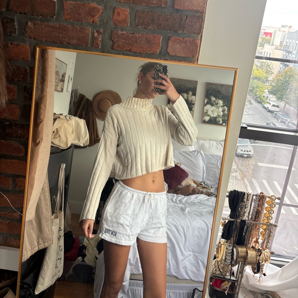 Cream Ribbed Turtleneck Sweater